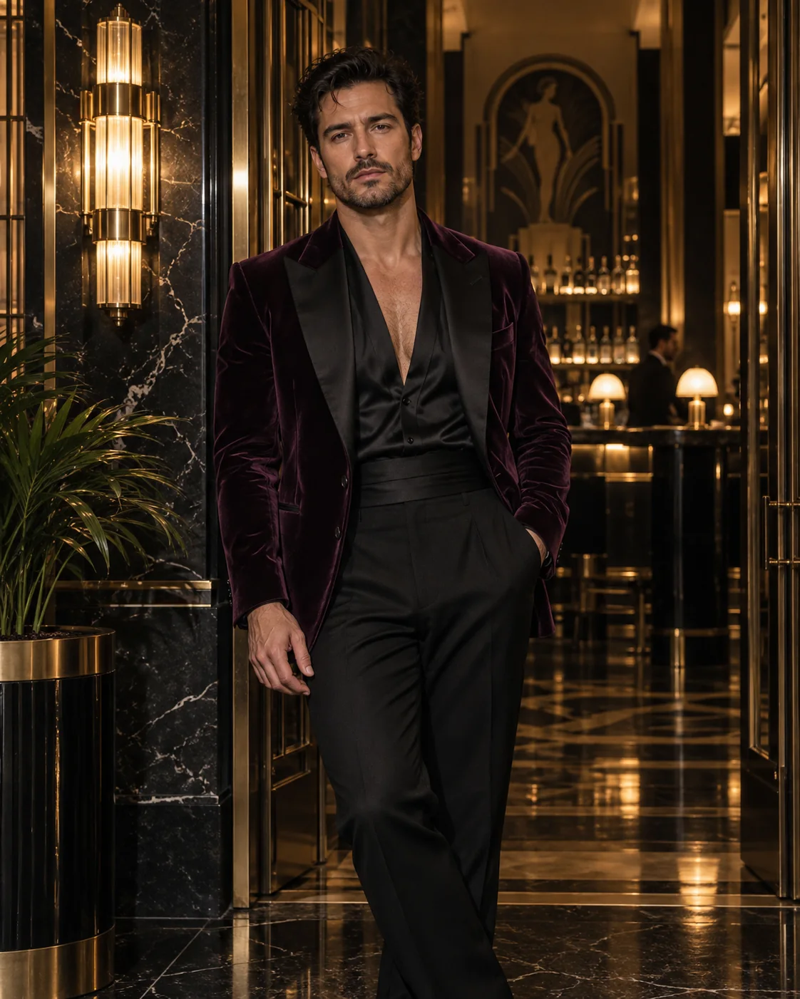 Man in a plum velvet jacket at an art deco bar