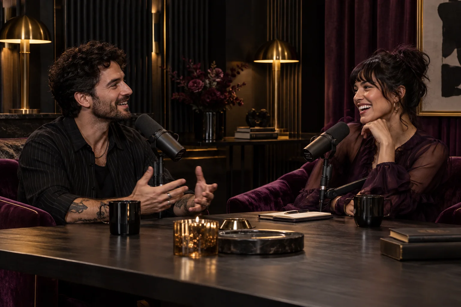 Two hosts recording a podcast in a plum and black studio